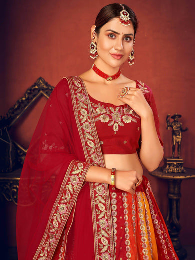 Red Thread Embroidered Art Silk Party Wear Lehenga Choli